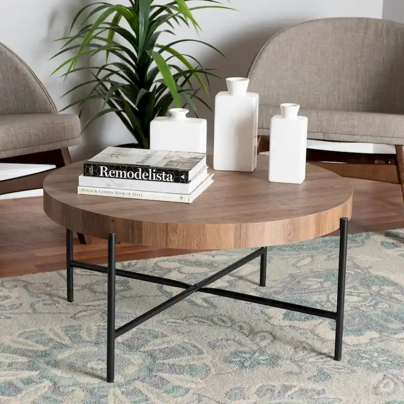 Umar Modern Industrial Walnut Brown Finished Wood and Black Metal Coffee Table