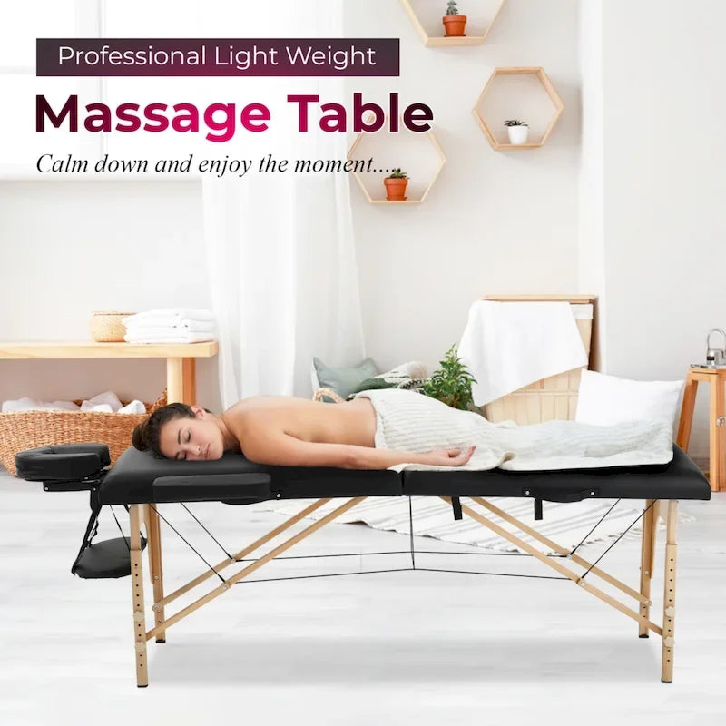 Lettino da massaggio pieghevole portatile Matthew Black con altezza regolabile, braccioli e cuscino respiratorio