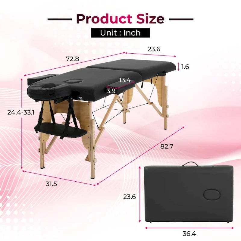 Lettino da massaggio pieghevole portatile Matthew Black con altezza regolabile, braccioli e cuscino respiratorio