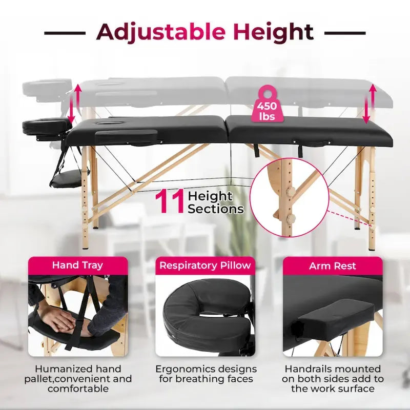 Lettino da massaggio pieghevole portatile Matthew Black con altezza regolabile, braccioli e cuscino respiratorio