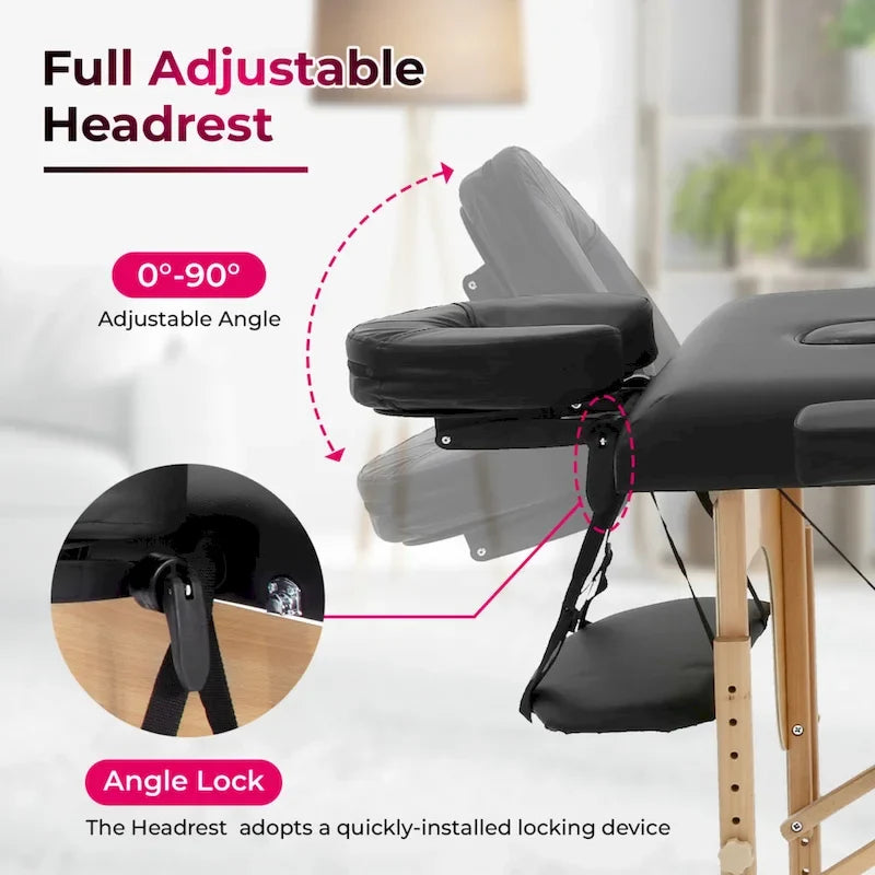 Lettino da massaggio pieghevole portatile Matthew Black con altezza regolabile, braccioli e cuscino respiratorio