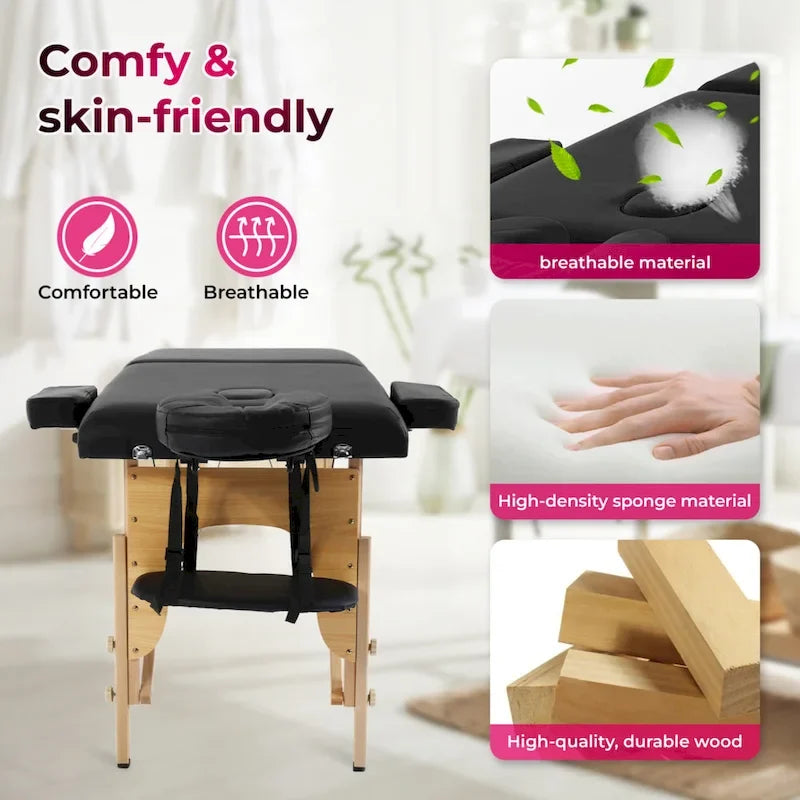 Lettino da massaggio pieghevole portatile Matthew Black con altezza regolabile, braccioli e cuscino respiratorio