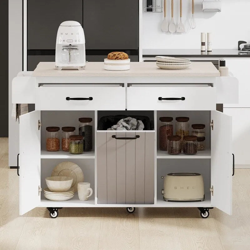 Isola da cucina mobile con cestino, carrello da cucina con ripiano ribaltabile, ripiano regolabile