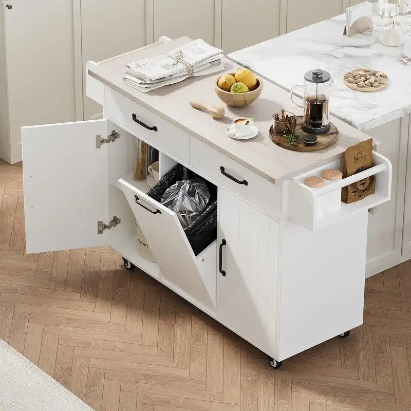 Isola da cucina mobile con cestino, carrello da cucina con ripiano ribaltabile, ripiano regolabile
