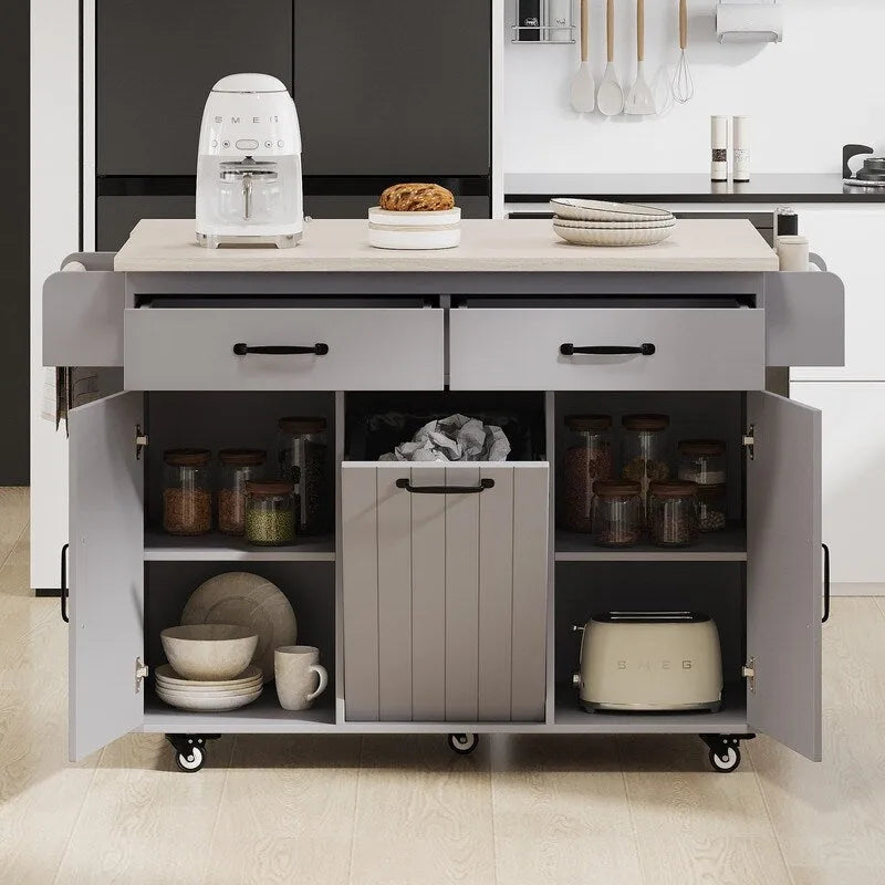 Isola da cucina mobile con cestino, carrello da cucina con ripiano ribaltabile, ripiano regolabile