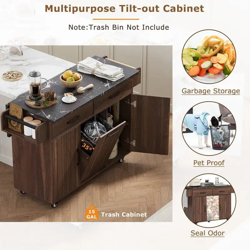 Isola da cucina mobile con cestino, carrello da cucina con ripiano ribaltabile, ripiano regolabile