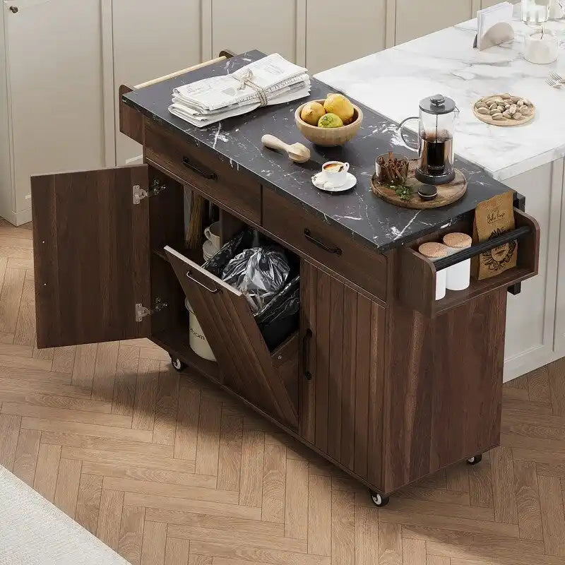 Isola da cucina mobile con cestino, carrello da cucina con ripiano ribaltabile, ripiano regolabile