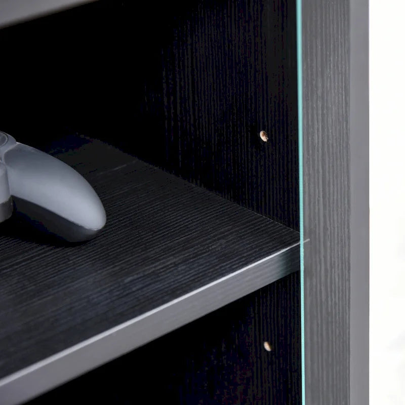 Mobiletto porta TV a 5 ripiani con ripiani regolabili su 3 livelli, ante in vetro temperato e gestione dei cavi, nero anticato