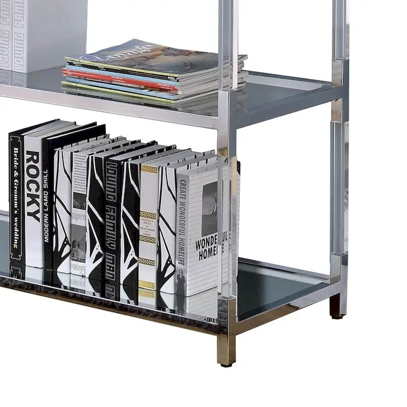 Tavolino da divano in metallo e vetro con 2 ripiani aperti, argento e trasparente