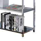 Tavolino da divano in metallo e vetro con 2 ripiani aperti, argento e trasparente