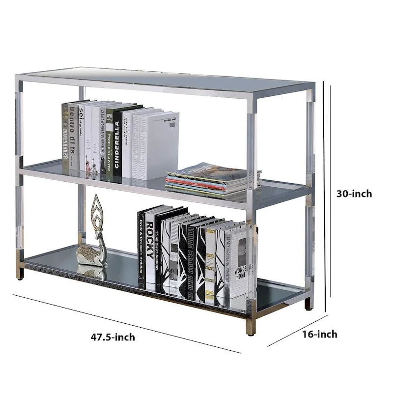 Tavolino da divano in metallo e vetro con 2 ripiani aperti, argento e trasparente