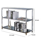 Tavolino da divano in metallo e vetro con 2 ripiani aperti, argento e trasparente