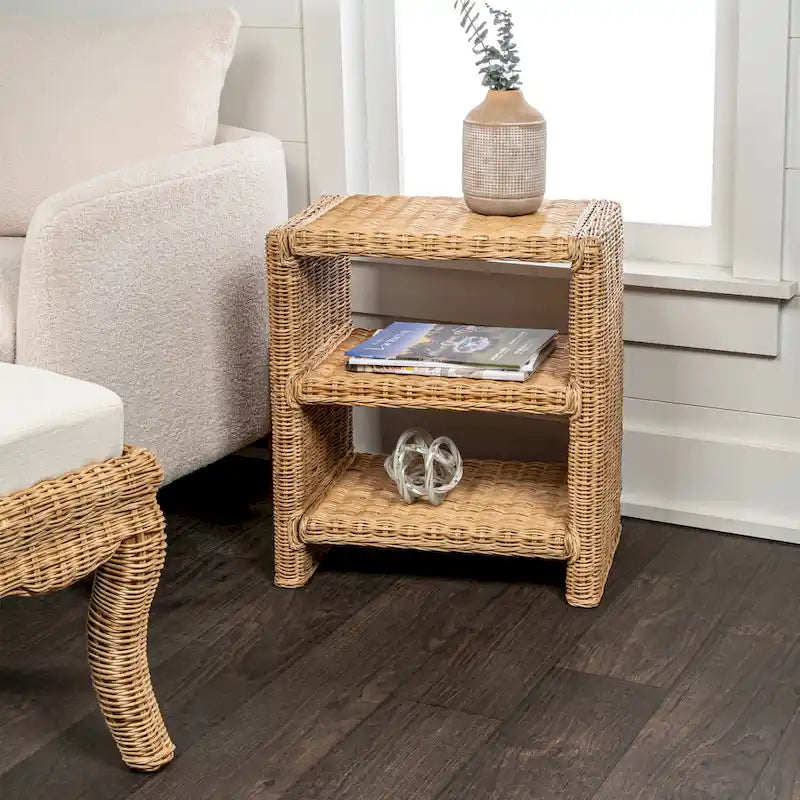 Spiroa 22 Coastal Bohemian Rattan/Wood 3 Tier End Table, Natural, by JONATHAN Y - 22.04