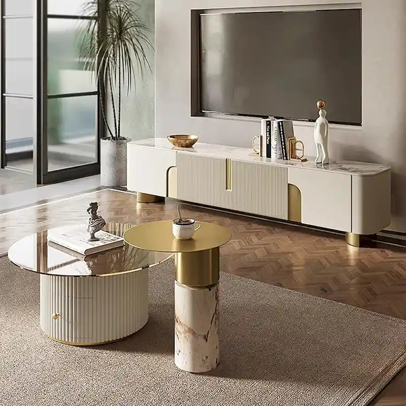 78.7 Mobiletto porta TV con 3 cassetti, colore bianco, piano in pietra sinterizzata - 78.74