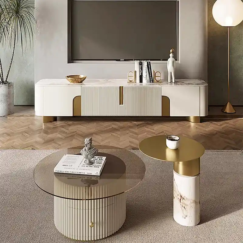 78.7 Mobiletto porta TV con 3 cassetti, colore bianco, piano in pietra sinterizzata - 78.74