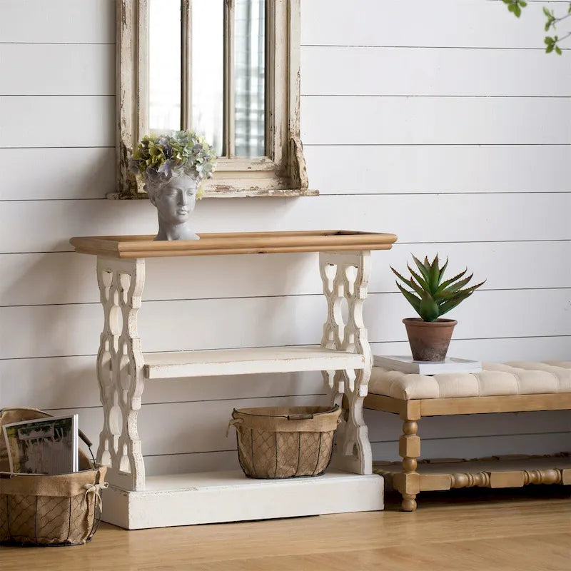 Distressed Wood Console Table with Shelf and Tray Top