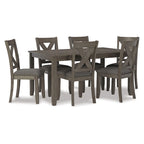 7 Piece Dining Table Set, Lattice Back Chairs, Dark Gray Wood, Polyester