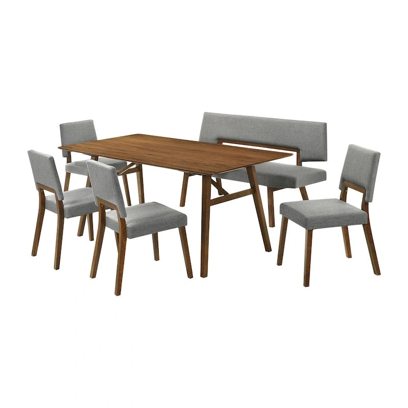 Yumi 6 Piece Dining Table Set, Chairs, Bench, Gray Fabric, Wood Brown