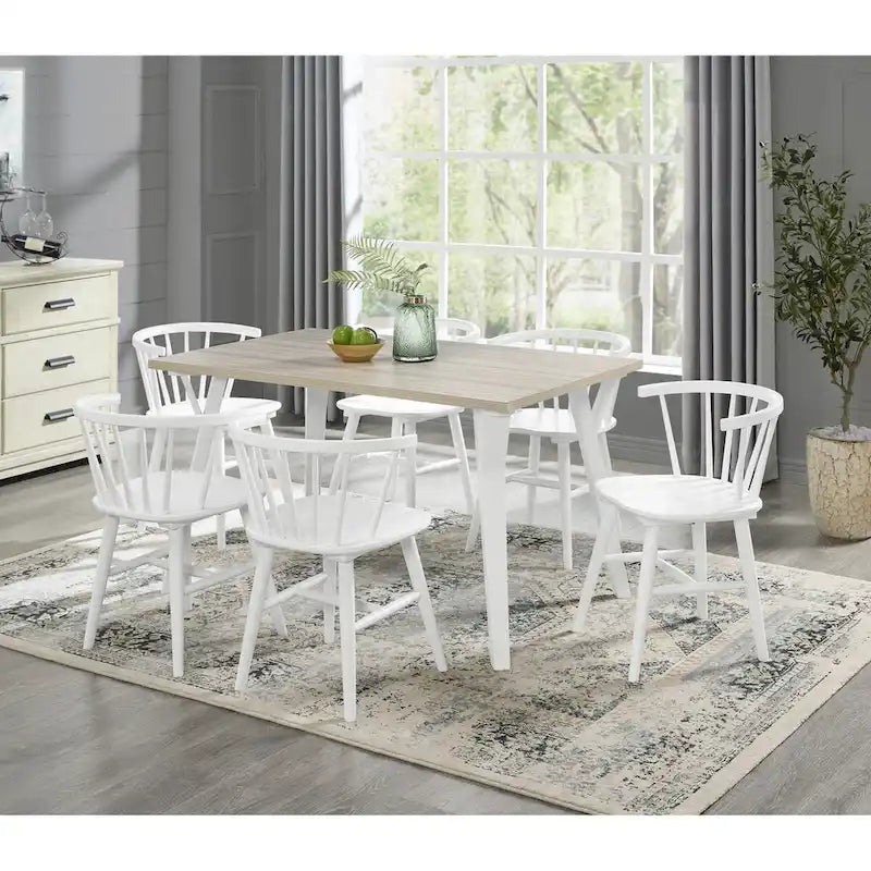 Roundhill Alwynn White and Natural Wood 7-piece Dining Set, Dining Table with 6 Windsor Chairs
