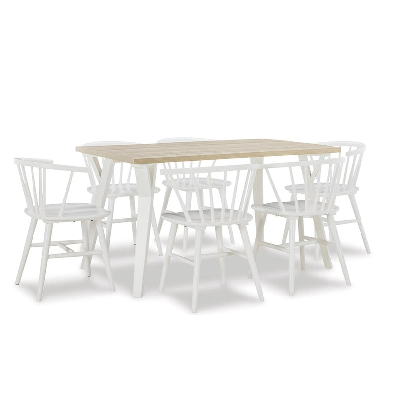 Set da pranzo Roundhill Alwynn in legno bianco e naturale da 7 pezzi, tavolo da pranzo con 6 sedie Windsor