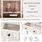 Tavolino da divano in legno massello anticato con tre cassetti portaoggetti e ripiano inferiore