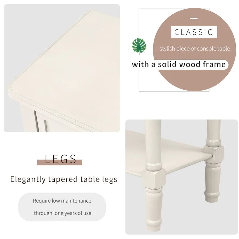 Tavolino da divano in legno massello anticato con tre cassetti portaoggetti e ripiano inferiore