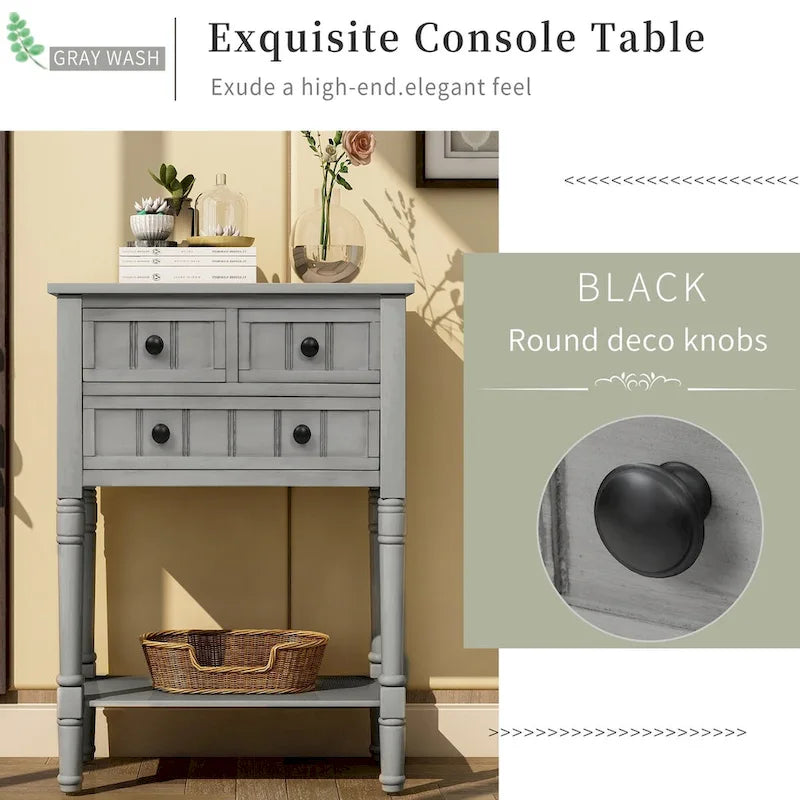 Tavolino da divano in legno massello anticato con tre cassetti portaoggetti e ripiano inferiore