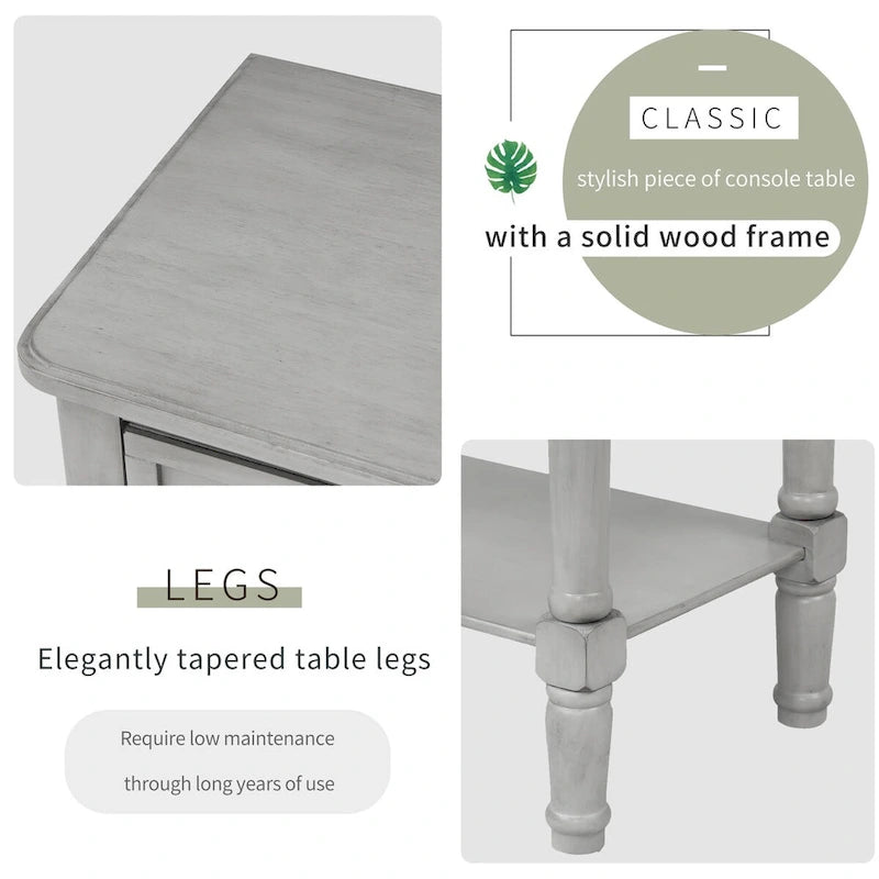 Tavolino da divano in legno massello anticato con tre cassetti portaoggetti e ripiano inferiore