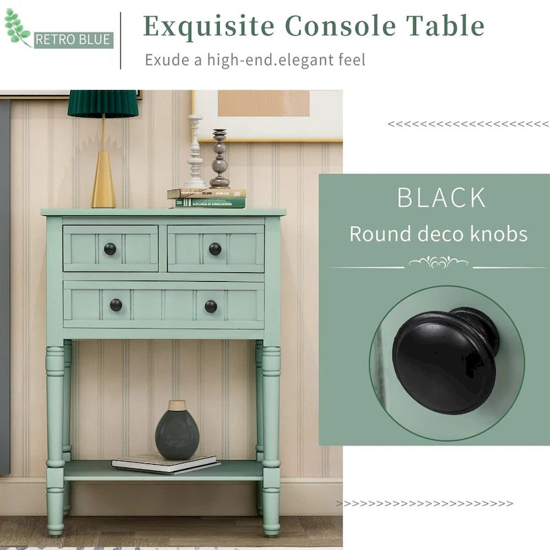 Tavolino da divano in legno massello anticato con tre cassetti portaoggetti e ripiano inferiore