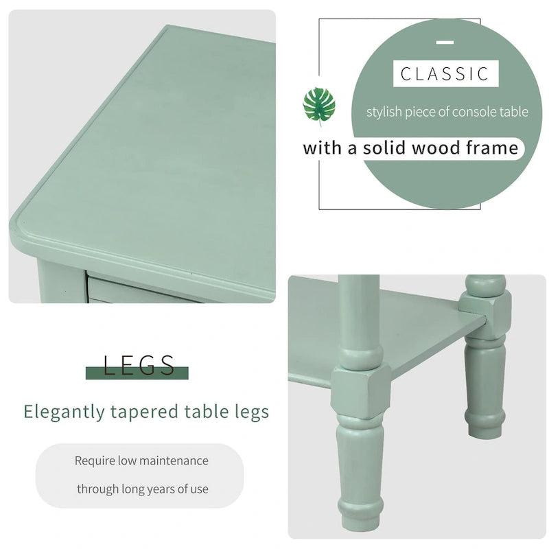 Tavolino da divano in legno massello anticato con tre cassetti portaoggetti e ripiano inferiore