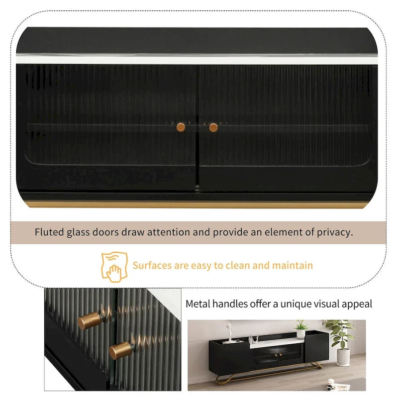 Mobile TV con vetro scanalato, centro di intrattenimento per TV fino a 70 pollici, tavolo consolle TV con piano in finto marmo e base con cornice dorata