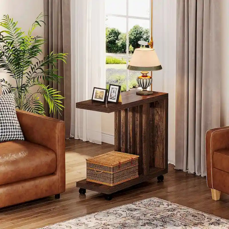 Tavolino laterale a forma di C per soggiorno, tavolino in legno accanto al divano