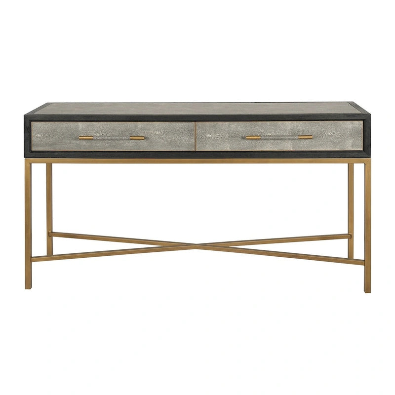 Macari Miki Art Deco Solid Wood AndVegan Leather Shagreen With Brass Accents Console Table - 59W x 16D x 32.3H