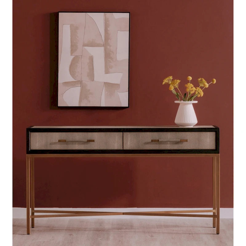 Consolle Macari Miki Art Déco in legno massello e pelle vegana con dettagli in ottone - 59 L x 16 P x 32,3 A
