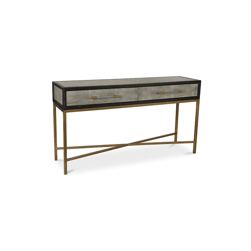 Consolle Macari Miki Art Déco in legno massello e pelle vegana con dettagli in ottone - 59 L x 16 P x 32,3 A