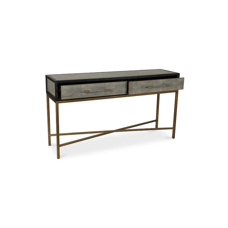 Consolle Macari Miki Art Déco in legno massello e pelle vegana con dettagli in ottone - 59 L x 16 P x 32,3 A