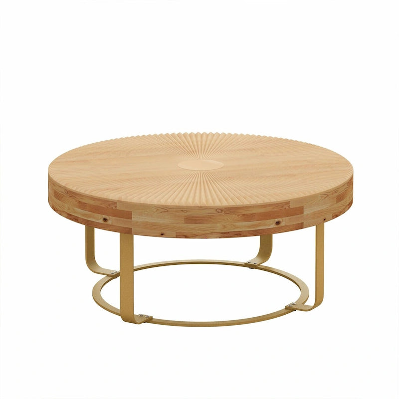 Tavolino da caffè rotondo moderno con motivo intagliato in legno e gambe in metallo