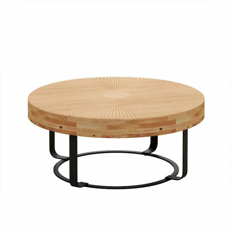 Tavolino da caffè rotondo moderno con motivo intagliato in legno e gambe in metallo