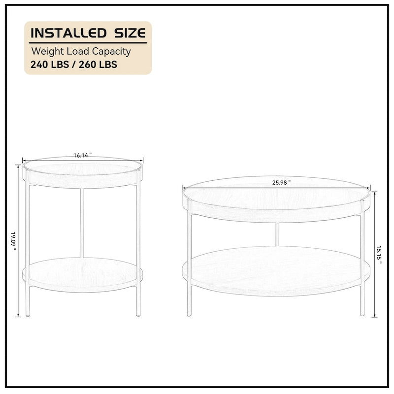 Set di 2 moderni tavolini da caffè rotondi a 2 ripiani impilabili per il soggiorno