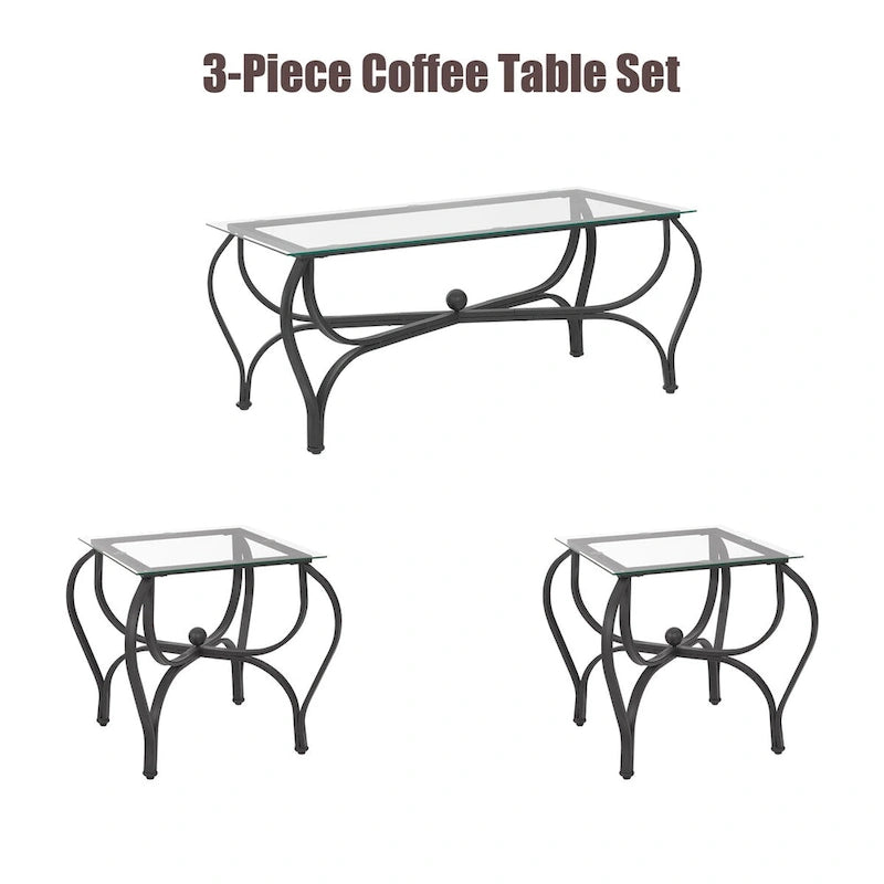 Tempered Glass Surface 3-Piece Coffee Table Set