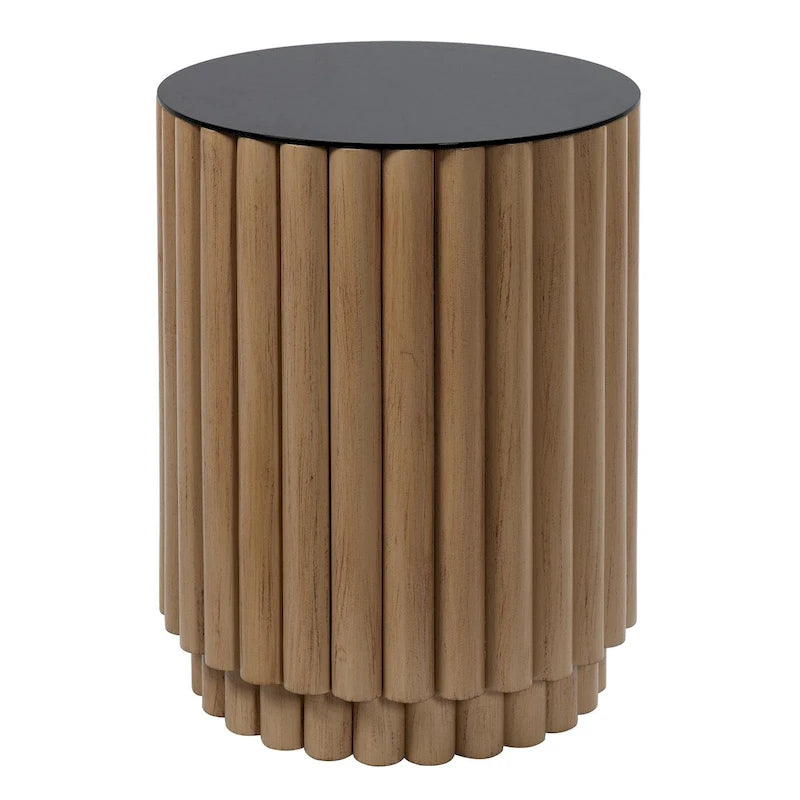 Fluted Barrel - Natural Side Table - Black Glass Table Top