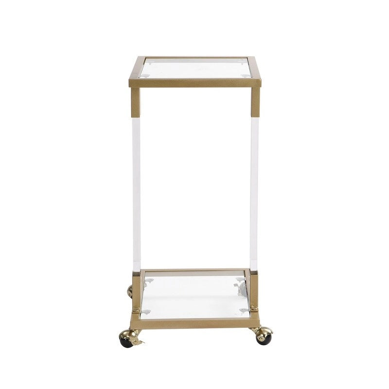 Tavolino da spuntini Grondin moderno e contemporaneo a forma di C con struttura in vetro temperato, acciaio e acrilico, ruote bloccabili