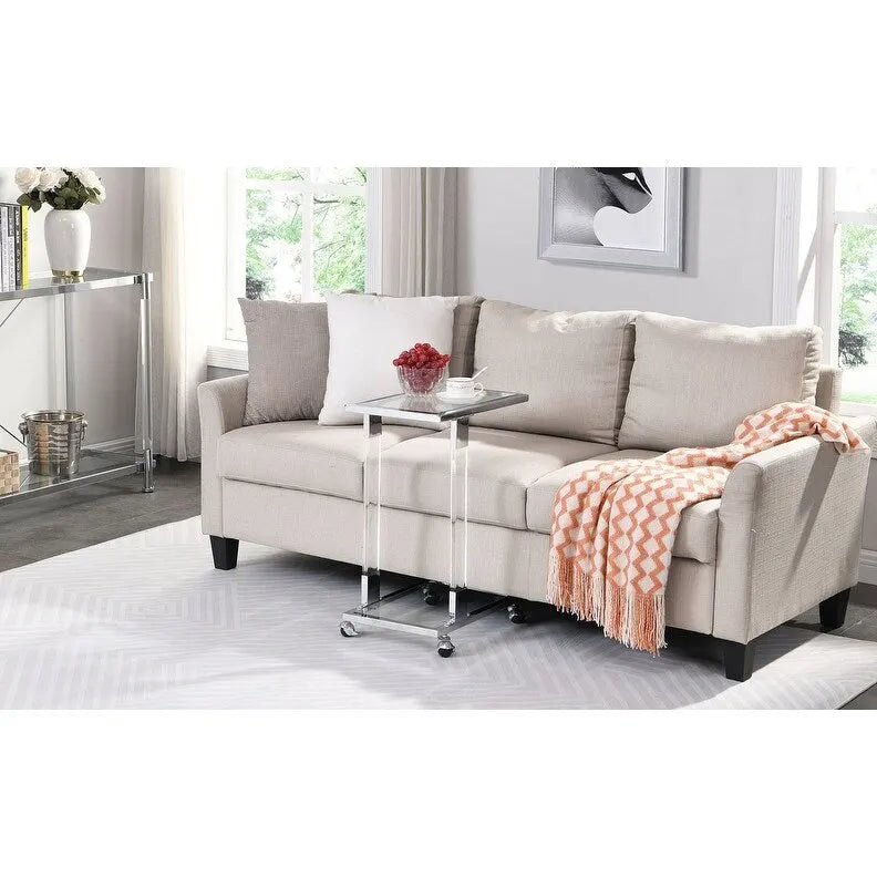 Tavolino da spuntini Grondin moderno e contemporaneo a forma di C con struttura in vetro temperato, acciaio e acrilico, ruote bloccabili