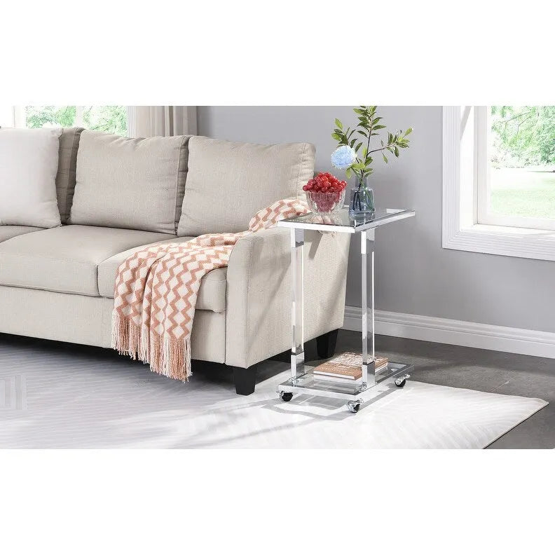 Tavolino da spuntini Grondin moderno e contemporaneo a forma di C con struttura in vetro temperato, acciaio e acrilico, ruote bloccabili