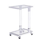 Tavolino da spuntini Grondin moderno e contemporaneo a forma di C con struttura in vetro temperato, acciaio e acrilico, ruote bloccabili