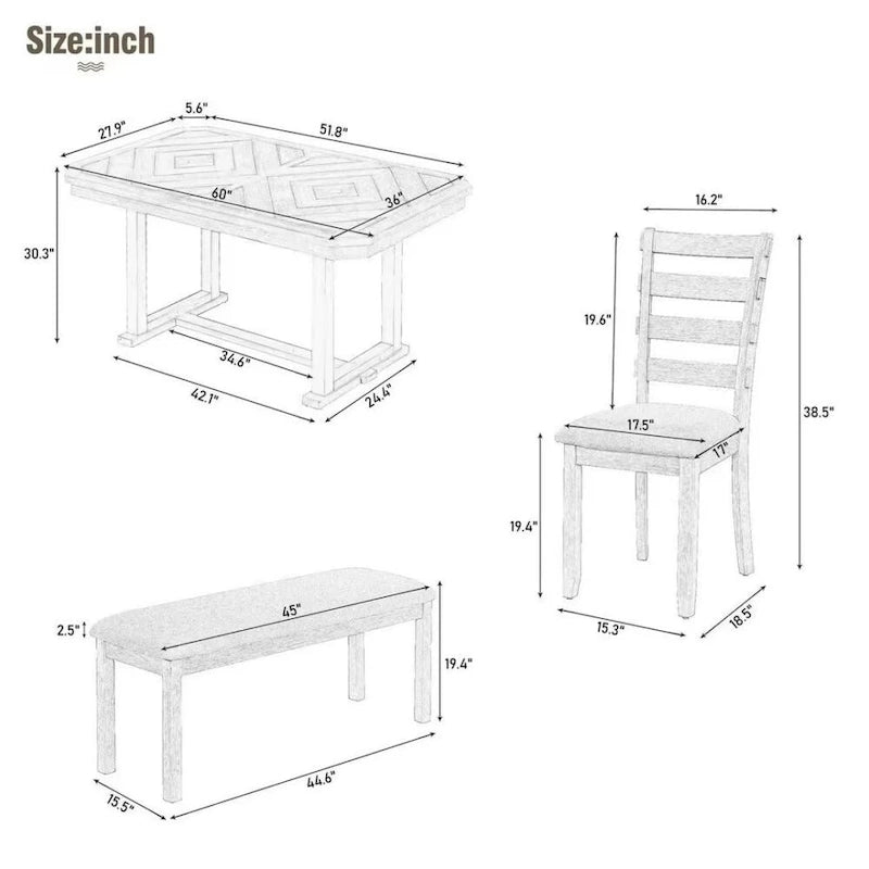 Set da pranzo in legno di caucciù da 6 pezzi con splendido piano in legno con venature del legno