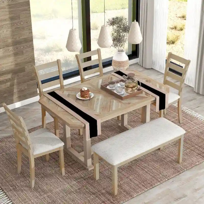 Set da pranzo in legno di caucciù da 6 pezzi con splendido piano in legno con venature del legno