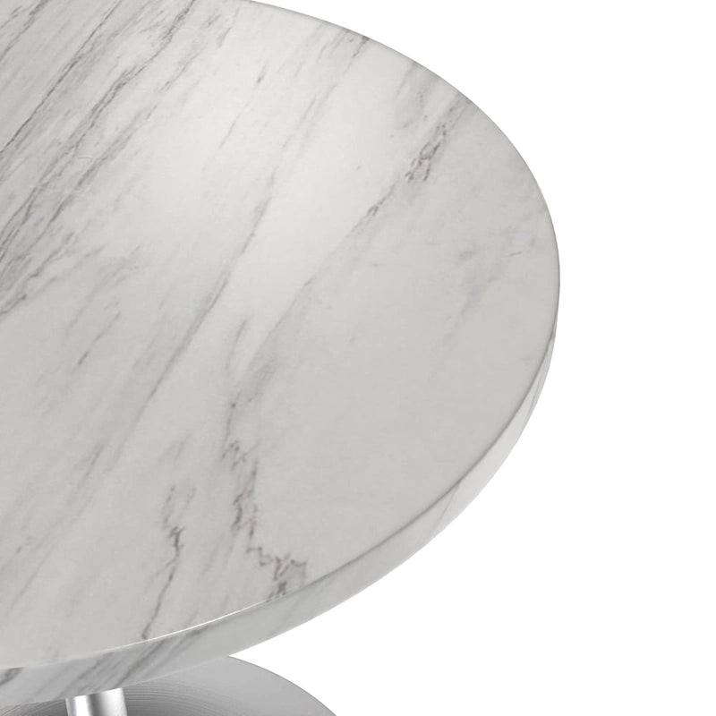 Tavolo da pranzo rotondo LeisureMod Verve 27 con piano in pietra e base in cromo spazzolato per cucina e sala da pranzo