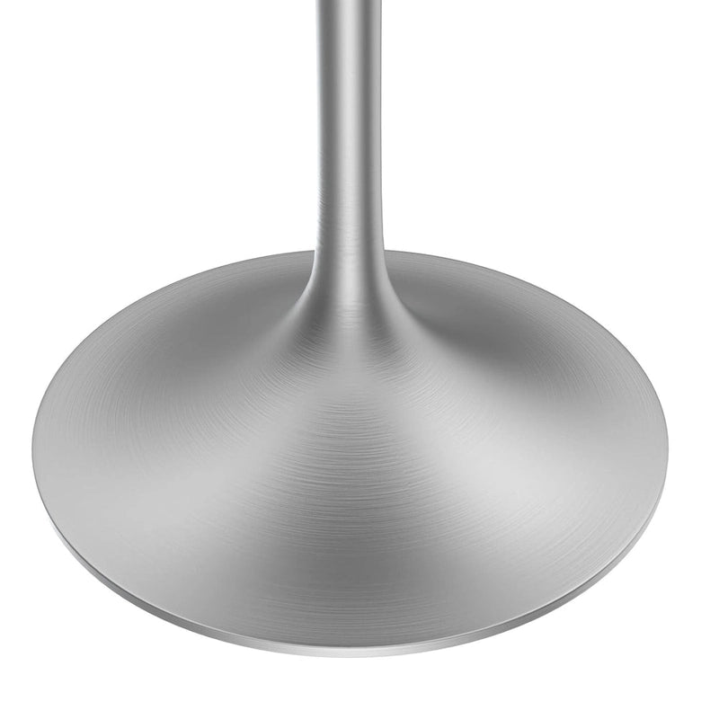 Tavolo da pranzo rotondo LeisureMod Verve 27 con piano in pietra e base in cromo spazzolato per cucina e sala da pranzo