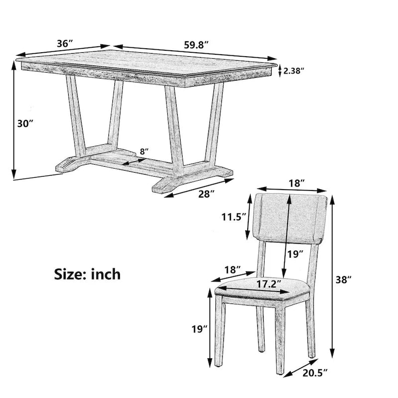 Set da pranzo rustico da 5 pezzi: tavolo in legno massello con base a cavalletto, tavolo da pranzo rettangolare da 59 pollici e 4 sedie imbottite